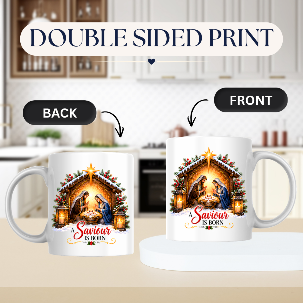 Religious Christmas Mug "A Saviour Is Born" A Saviour Is Born 325ml Ceramic Coffee Mug – Nativity Scene Christmas Mug with Baby Jesus, Mary & Joseph | Christian Holiday Gift | Fast Dispatch by UK Seller (M3338)