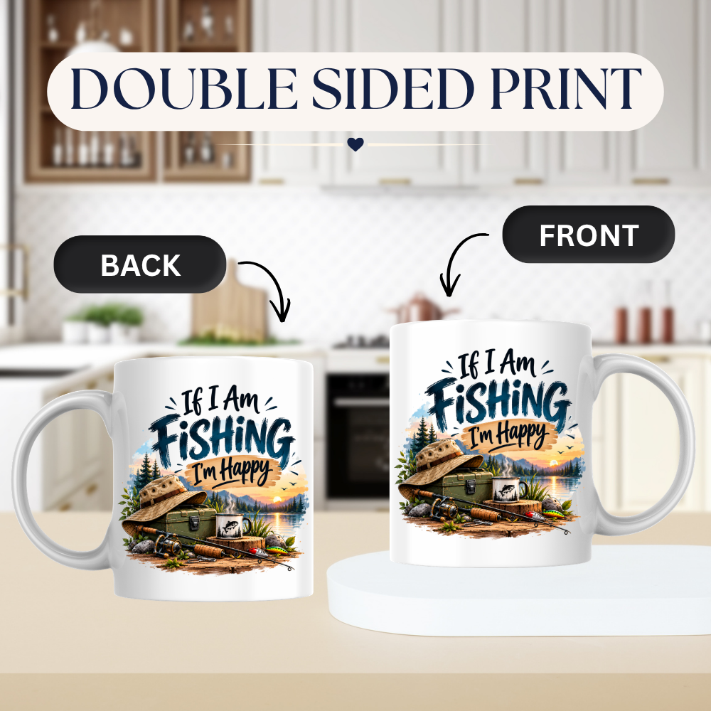 Fishing Mug "If I Am Fishing I’m Happy" Angler Ceramic Coffee Cup 350ml, Fishing Rod Lake Sunset Outdoor Hobby Novelty Gift for Fisherman Dad Grandad Husband Boyfriend, Birthday Christmas Fathers Day Secret Santa | Fast Dispatch by UK Seller (M1054)