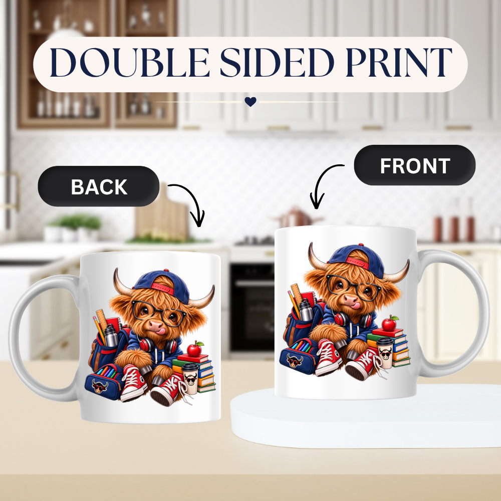 Student Mug "Cool Student Cow" Academic Highland Cow 325ml Ceramic Coffee Mug Trendy School Tea Cup with Glasses and Backpack Graphic Gift | Available in Multicolours | Fast Dispatch by UK Seller (M3153)
