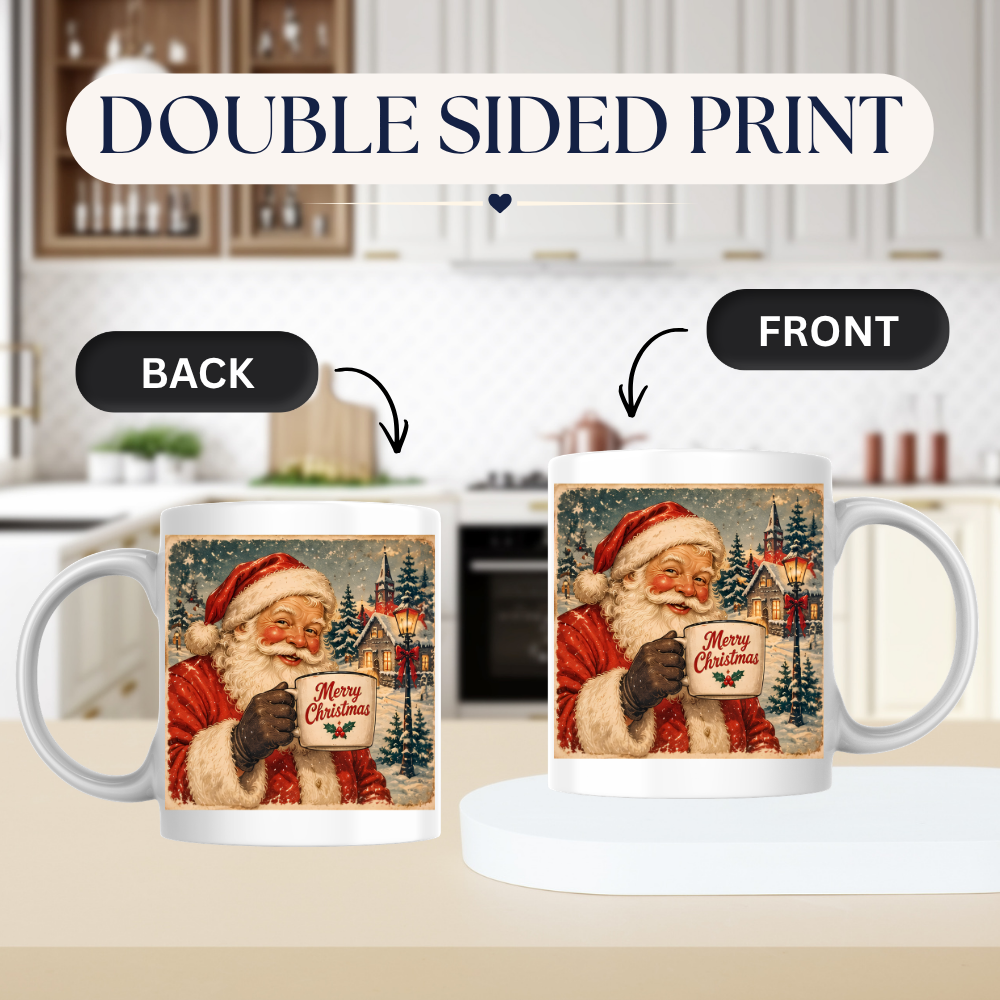 Vintage Santa Claus Mug "Merry Christmas" Merry Christmas 325ml Ceramic Coffee Mug – Vintage Santa Claus Holding Coffee Mug in Snowy Village with Streetlamp | Festive Holiday Gift | Fast Dispatch by UK Seller (M3415)