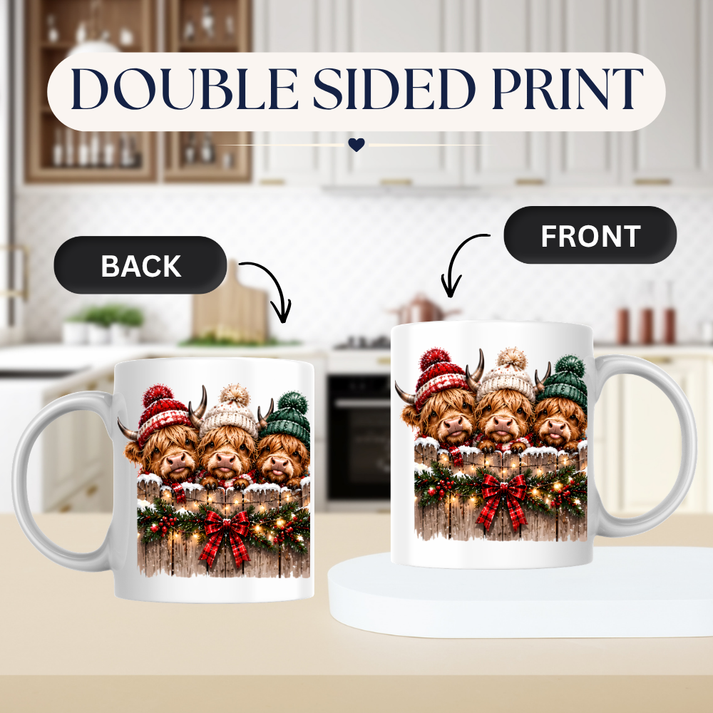 Highland Cows Christmas Fence Mug "Merry & Bright" Festive Highland Cows 325ml Ceramic Coffee Mug – Three Cute Cows in Winter Bobble Hats Behind Snowy Fence with Fairy Lights & Red Tartan Bow | Christmas Gift | Fast Dispatch by UK Seller (M3429)