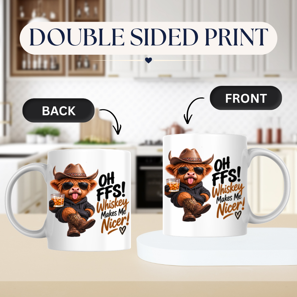 Highland Cow Whiskey Lover Mug "Oh FFS! Whiskey Makes Me Nicer!" Oh FFS! Whiskey Makes Me Nicer! 325ml Ceramic Coffee Mug – Cute Highland Cow in Cowboy Hat, Hoodie & Boots holding Rocks Glass | Funny Gift | Fast Dispatch by UK Seller (M3394)