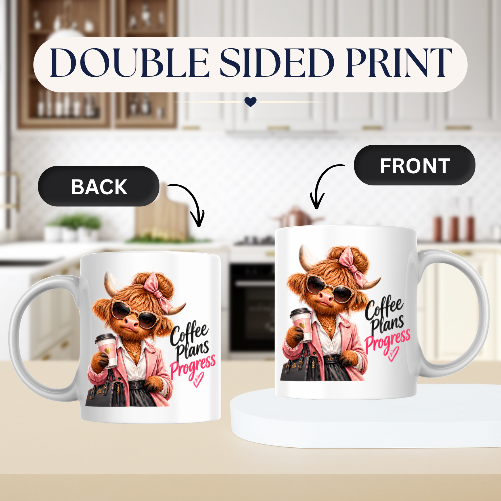 Highland Cow Mug "Coffee Plans Progress Highland Cow" 325ml Ceramic Coffee Mug – Chic Highland Cow in Pink Blazer, Hair Bow Sunglasses Holding Coffee Cup Designer Bag Work Office Gift | Available in Multicolours | Fast Dispatch by UK Seller (M3278)