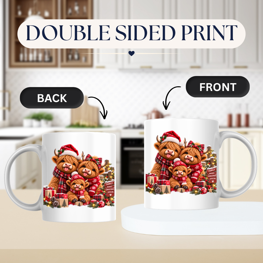 Christmas Highland Cow Family Mug "Family Makes Christmas Special" Christmas Highland Cow Family 325ml Ceramic Coffee Mug – Cute Highland Cow Family with Wooden Sign, Santa Hat, Scarves & Gifts | Festive Holiday Gift | Fast Dispatch by UK Seller (M3376)