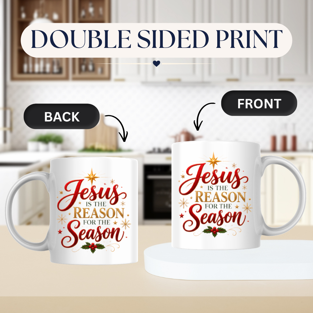 Christmas Mug "Jesus Is The Reason For The Season" 325ml Ceramic Coffee Mug – Festive Christian Typography Mug With Star Of Bethlehem Holly Gold Stars Holiday Gift | Available in Multicolours | Fast Dispatch by UK Seller (M3312)
