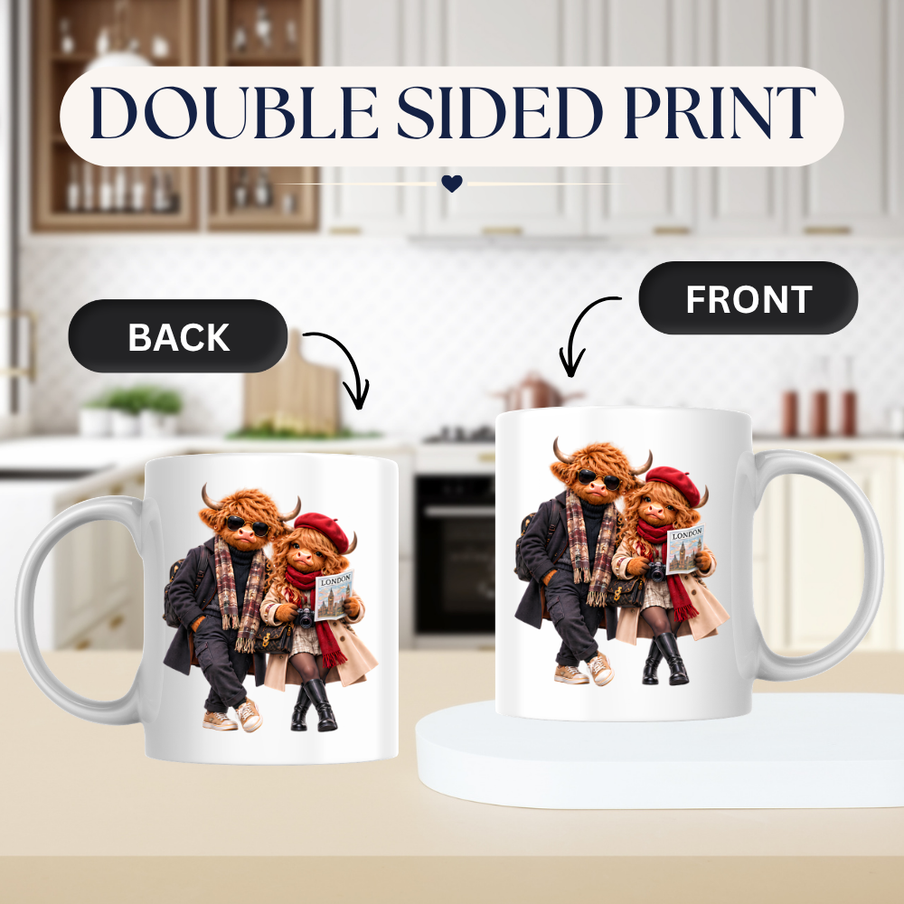 Highland Cow Mug "London Travelers Highland Cow Couple" 325ml Ceramic Coffee Mug – Stylish Highland Cow Couple in Beret, Sunglasses Trench Coats Holding Camera Gift For Travelers Couples | Available in Multicolours | Fast Dispatch by UK Seller (M3260)