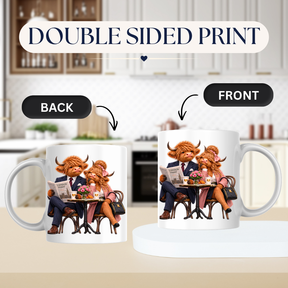Fashion Mug "London Cafe Highland Cow Couple" London Cafe Highland Cow Couple 325ml Ceramic Coffee Mug – Chic London Today Newspaper Tea Cup With Suit Pink Coat Bistro Coffee Graphic Gift | Available in Multicolours | Fast Dispatch by UK Seller (M3189)