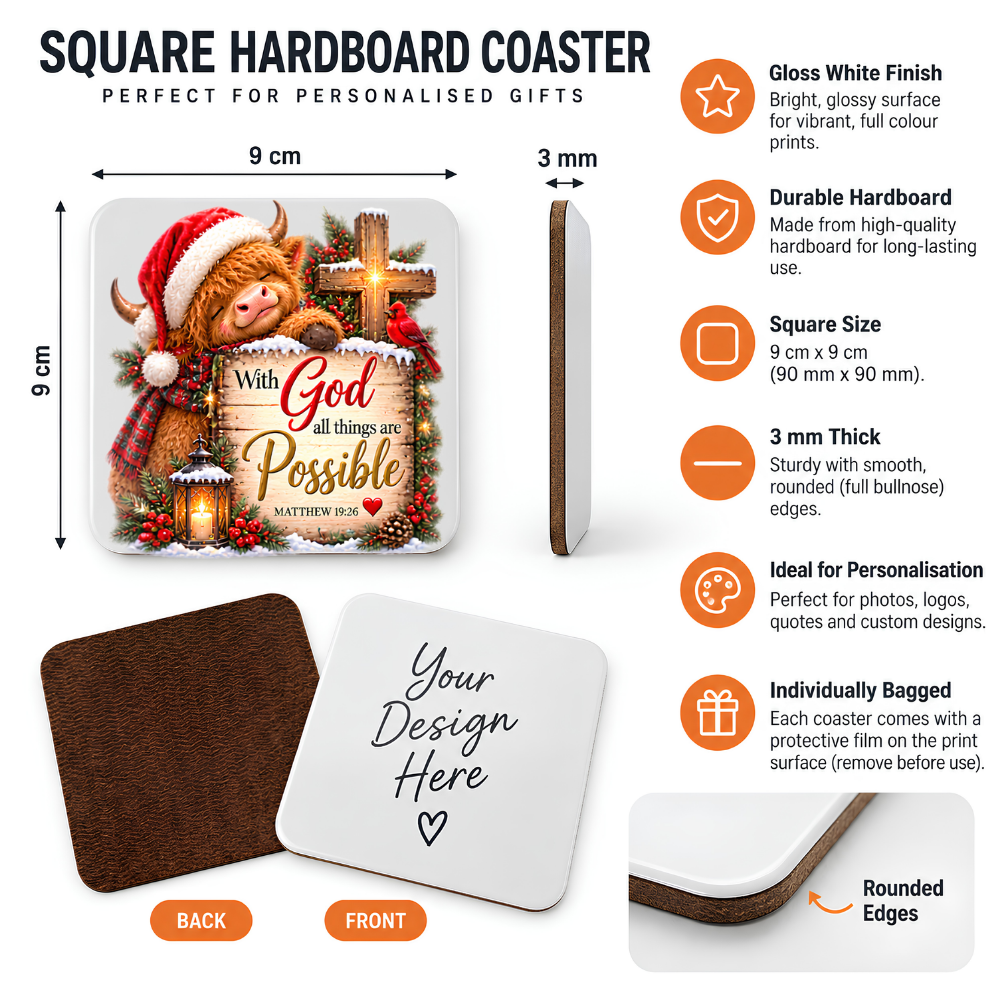 Festive Christian Christmas Coaster "With God All Things Are Possible Matthew 19:26" Graphic Glossy Hardboard 9x9cm Drinks Mat – Highland Cow, Wooden Cross, Lantern & Red Cardinal Holiday Tableware Gift | Fast Dispatch by UK Seller (C3061)