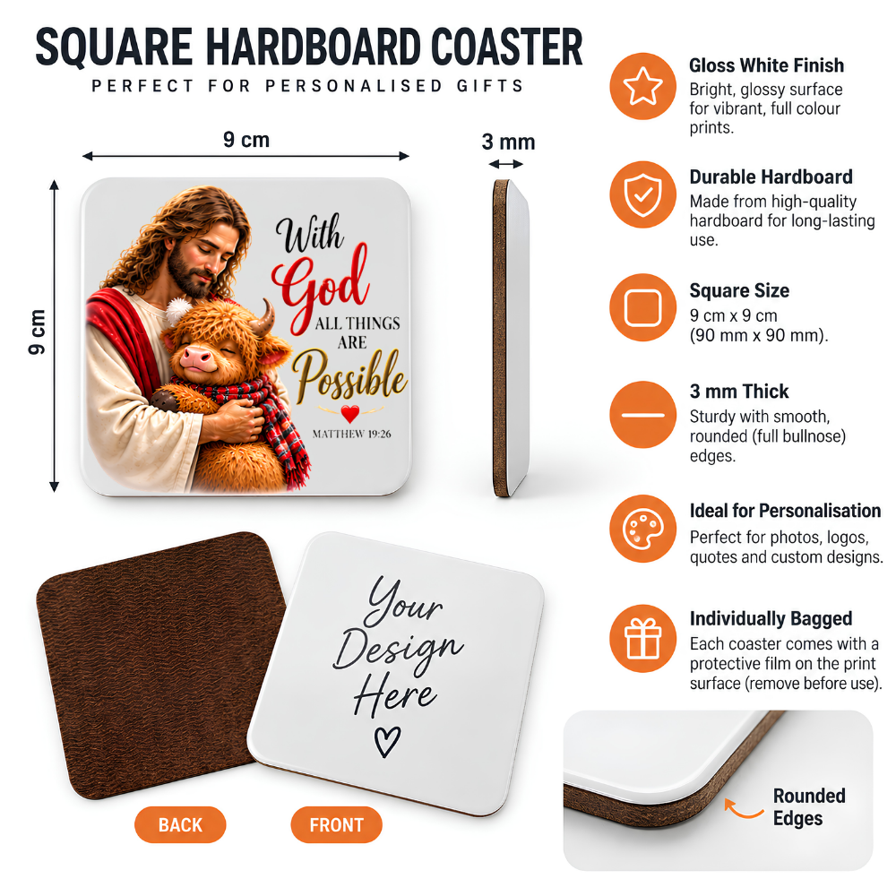 Inspirational Religious Hardboard Coaster "With God All Things Are Possible" Graphic 9cm x 9cm Square Drinks Coaster “ Jesus Embracing Cute