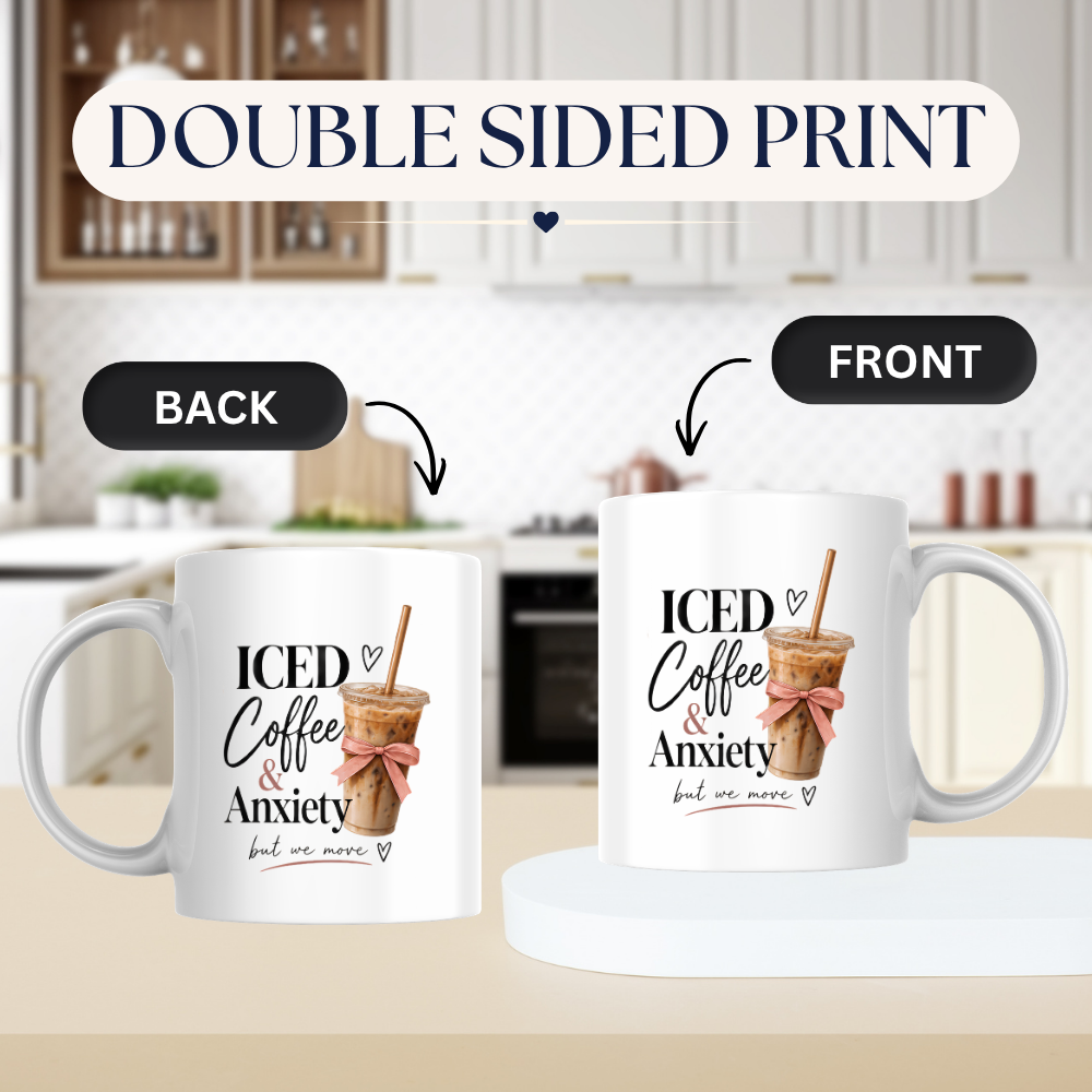 Relatable Mug "ICED Coffee & Anxiety but we move" Coquette Aesthetic 325ml Ceramic Coffee Mug Trendy Coffee Lover Tea Cup with Pink Bow & Straw Graphic Gift | Available in Multicolours | Fast Dispatch by UK Seller (M3007)