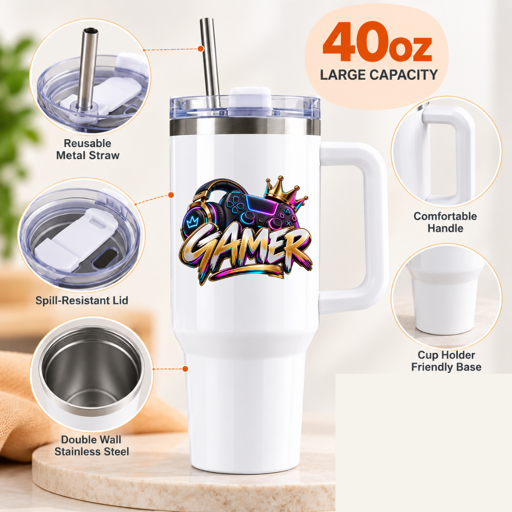 Gamer Headphones & Controller Travel Tumbler "GAMER" Graphic 40oz Stainless Steel Insulated Travel Mug with Handle & Straw – Metallic Neon Headset, Gamepad, Crown & Graffiti Style Text Novelty Travel Cup | Fast Dispatch by UK Seller (T3038)