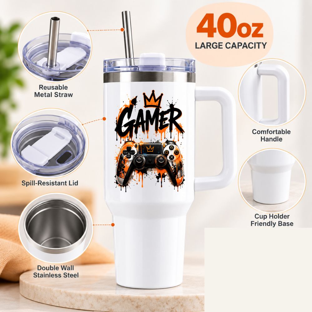 Cool Gaming Travel Tumbler "Gamer" Graphic 40oz Stainless Steel Insulated Travel Mug with Handle & Straw – Orange & Black Paint Drip Controller, Graffiti Crown Novelty Gift for Gamers | Fast Dispatch by UK Seller (T3063)