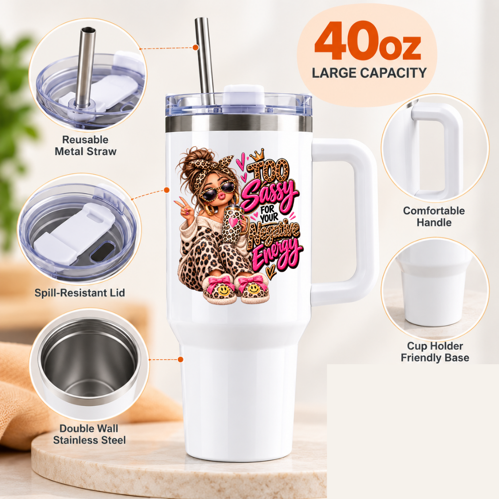 Sassy Leopard Print Travel Tumbler "Too Sassy For Your Negative Energy" Graphic 40oz Stainless Steel Insulated Travel Mug with Handle & Straw – Fashion Girl with Peace Sign, Sunglasses & Slippers Novelty Travel Cup | Fast Dispatch by UK Seller (T3005)