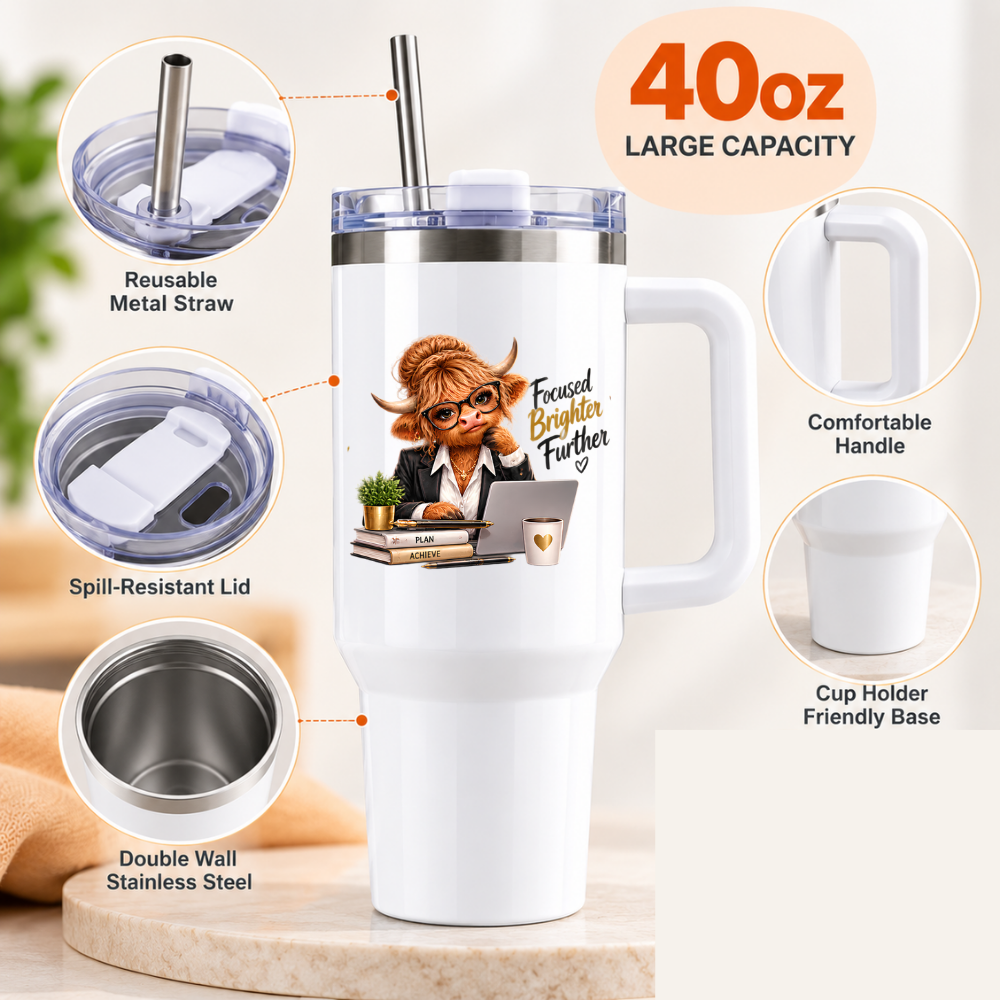 Sassy Highland Cow Travel Tumbler "Focused Brighter Further" Graphic 40oz Stainless Steel Insulated Travel Mug with Handle & Straw – Professional Cow in Suit Jacket, Glasses, Laptop & Coffee Novelty Travel Cup | Fast Dispatch by UK Seller (T3024)