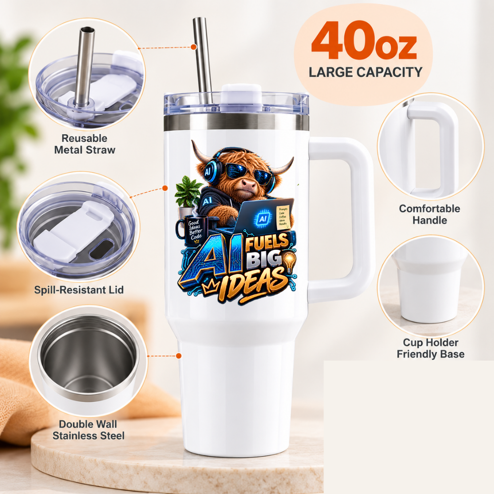 Funny Tech Highland Cow Travel Tumbler "AI Fuels Big Ideas" Graphic 40oz Stainless Steel Insulated Mug with Handle & Straw – Coding Cow in Sunglasses, Headphones, Laptop & Coffee Mug Novelty Gift for Coders & Office | Fast Dispatch by UK Seller (T3057)