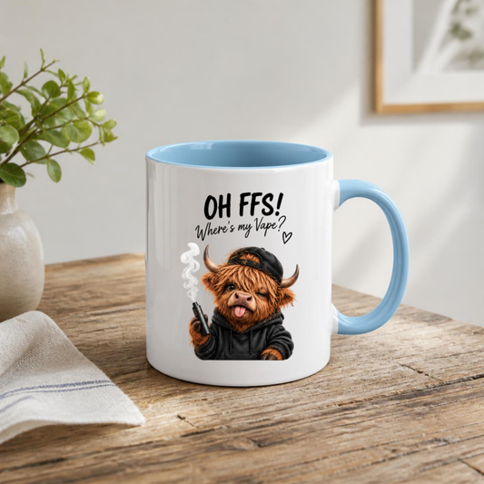Funny Vape Highland Cow Mug "OH FFS! Where's my Vape?" Graphic 325ml Ceramic Coffee Cup – Highland Cow in Black Hoodie & Cap Vaping Novelty Tea Cup Sarcastic Cheeky Gift For Friends | Available in Multicolours | Fast Dispatch by UK Seller (M3136)