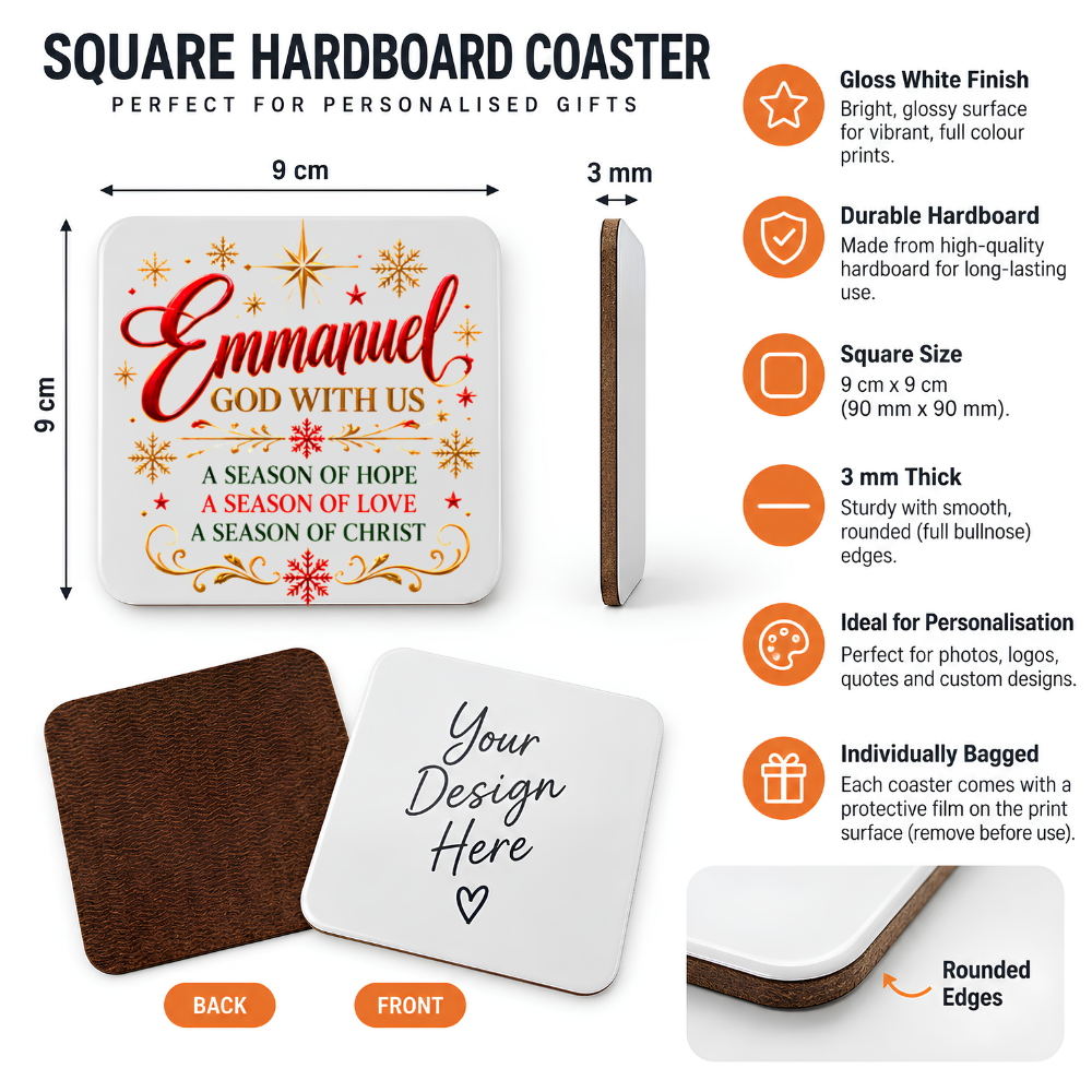 Festive Christian Christmas Coaster "Emmanuel God With Us A Season of Hope A Season of Love A Season of Christ" Graphic Glossy Hardboard 9x9cm Drinks Mat – Red & Golden Script Holiday Tableware Gift | Fast Dispatch by UK Seller (C3056)