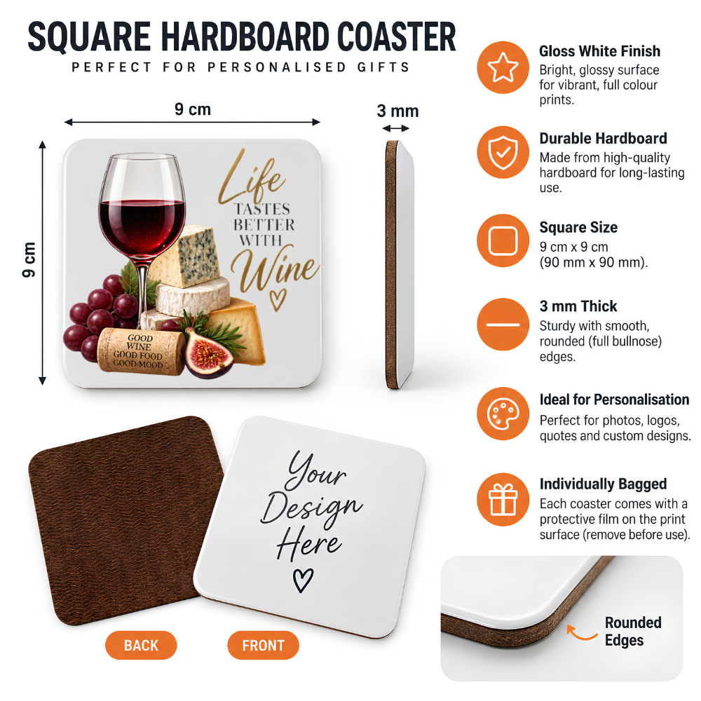 Elegant Wine & Cheese Hardboard Coaster "Life Tastes Better With Wine" Graphic 9cm x 9cm Square Drinks Coaster – Red Wine Glass with Gourmet Cheese Stack,Figs Novelty Mat | Elegant Glossy Gift for Foodies & Wine Lovers | Fast Dispatch by UK Seller (C3016)