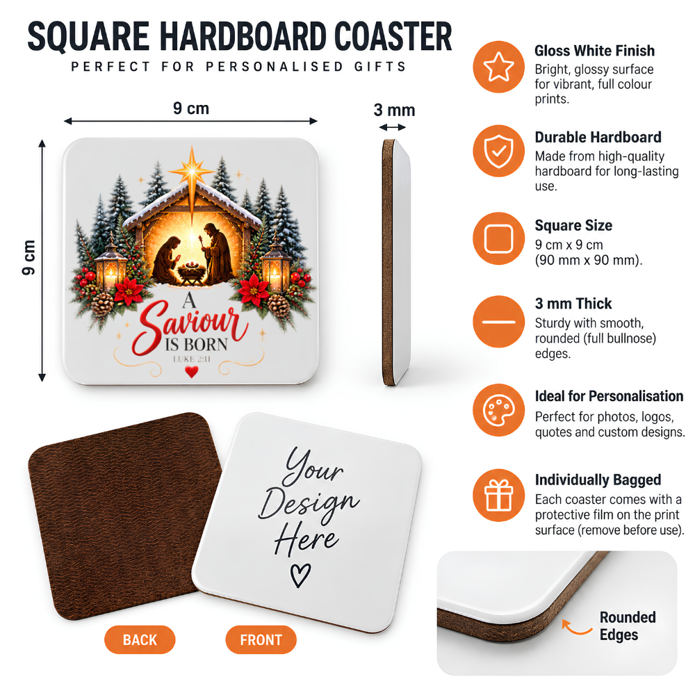 Christmas Nativity Hardboard Coaster "A Saviour Is Born" Graphic 9cm x 9cm Square Drinks Coaster “Holy Family Manger Silhouettes with Star of Bethlehem & Snowy Pine Forest Novelty Mat | Christian Glossy Gift | Fast Dispatch by UK Seller (C3042)
