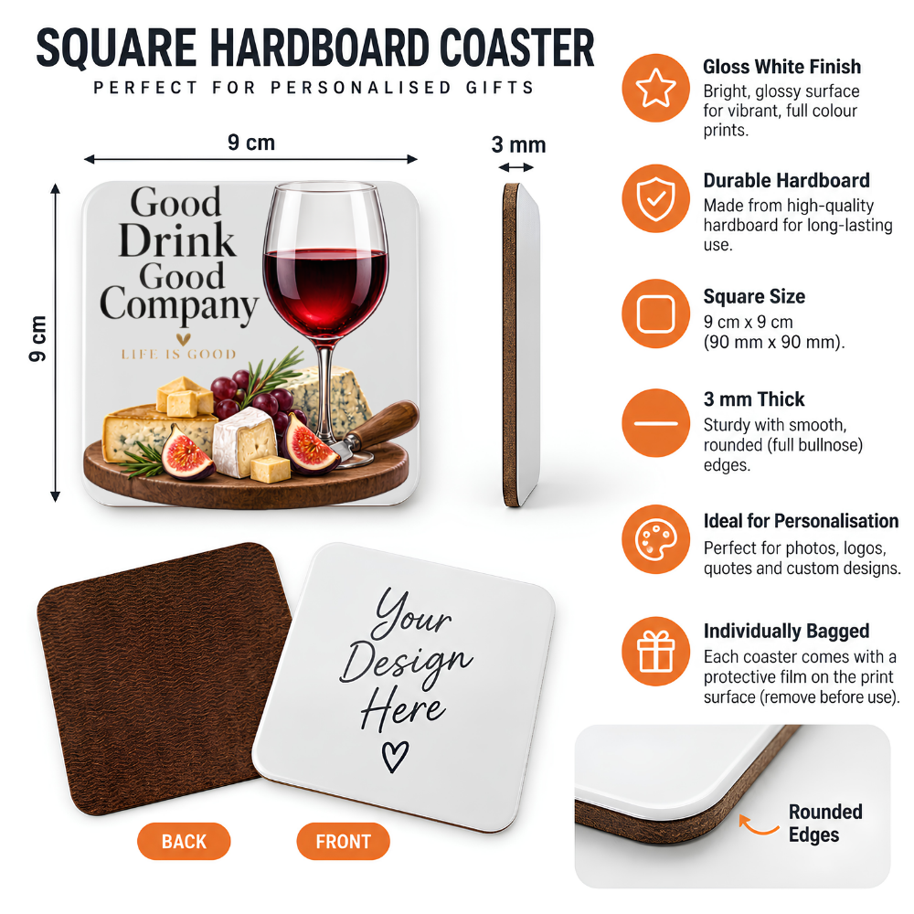 Elegant Wine & Cheese Hardboard Coaster "Good Drink Good Company, Life is Good" Graphic 9cm x 9cm Square Drinks Coaster – Red Wine Glass with Charcuterie Board Novelty Mat| Elegant Glossy Gift for Foodies & Wine Lovers | Fast Dispatch by UK Seller (C3010)