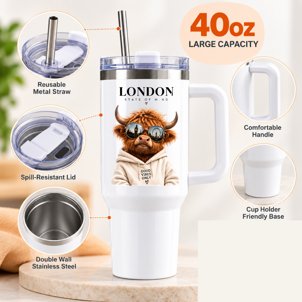 Sassy Highland Cow Travel Tumbler "London State of Mind" Graphic 40oz Stainless Steel Insulated Travel Mug with Handle & Straw – Cool Cow in Hoodie & Sunglasses with Big Ben & London Eye Reflections Novelty Travel Cup | Fast Dispatch by UK Seller (T3031)