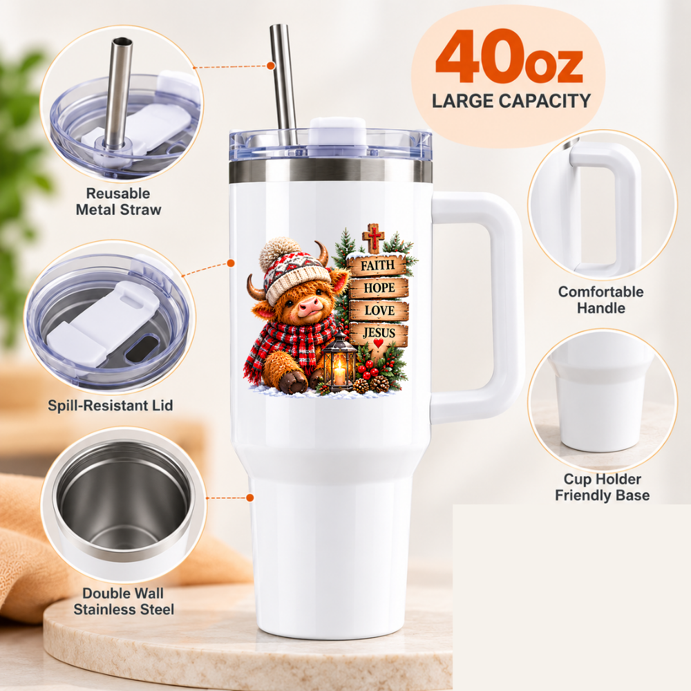 Inspirational Religious Highland Cow Travel Tumbler "Faith Hope Love Jesus" Graphic 40oz Stainless Steel Insulated Travel Mug with Handle & Straw – Winter Calf in Hat & Scarf with Sign & Cross Novelty Travel Cup | Fast Dispatch by UK Seller (T3012)