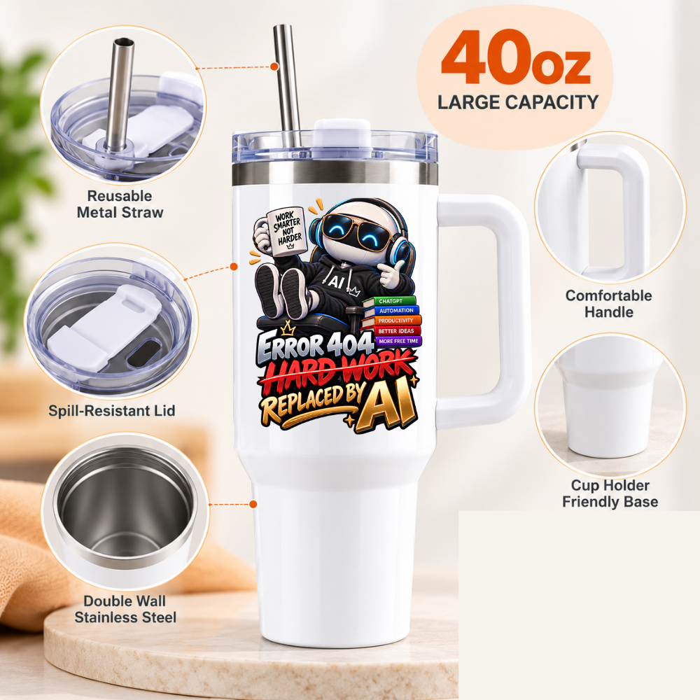 Sarcastic Office Tech Travel Tumbler "ERROR 404 HARD WORK REPLACED BY AI" Graphic 40oz Stainless Steel Insulated Mug with Handle & Straw – Robot with Coffee, Laptop & ChatGPT Books Novelty Gift for Coders & Office | Fast Dispatch by UK Seller (T3048)