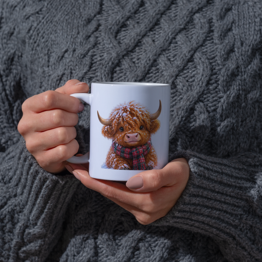 Winter Snow Highland Cow Coffee Mug - Fluffy Baby Animal in Plaid Scarf Ceramic Tea Cup for Christmas & Cozy Holiday Decor (M1215)