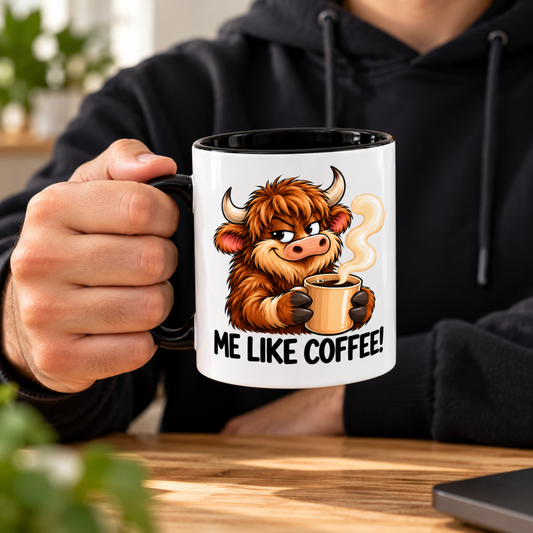 Funny Highland Cow Coffee Mug "ME LIKE COFFEE!" – Cute Cheeky Cow Cartoon 350ml Ceramic Cup with Black Handle, 11oz, Funny Coffee Quote Mug for Coffee Lovers, Unique Novelty Gift for Him Her, Home Office Coffee Breaks | Fast Dispatch by UK Seller (M1106)