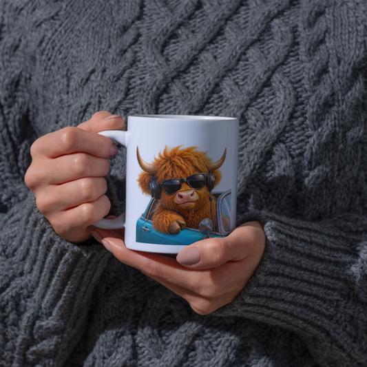Cool Highland Cow Driving Convertible Car Coffee Mug - Sunglasses & Headphones Farm Animal Ceramic Tea Cup for Drivers & Music Lovers (M1217)