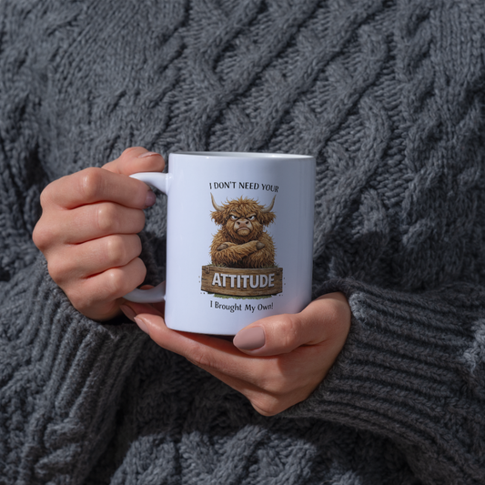 Funny Grumpy Highland Cow "I Don't Need Your Attitude" Coffee Mug - Sarcastic Farm Animal Ceramic Tea Cup with Crossed Arms & Wooden Sign Quote Gift (M1208)