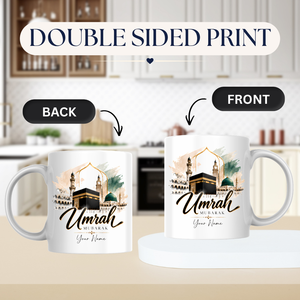 Personalised Umrah Mubarak Mug 325ml Ceramic Coffee Tea Cup – Custom Name, Holy Kaaba, Green Dome & Watercolor Architecture Religious Pilgrimage Gift for Family, Friends, Hajj Celebration – Fast Dispatch by UK Seller (M3486)