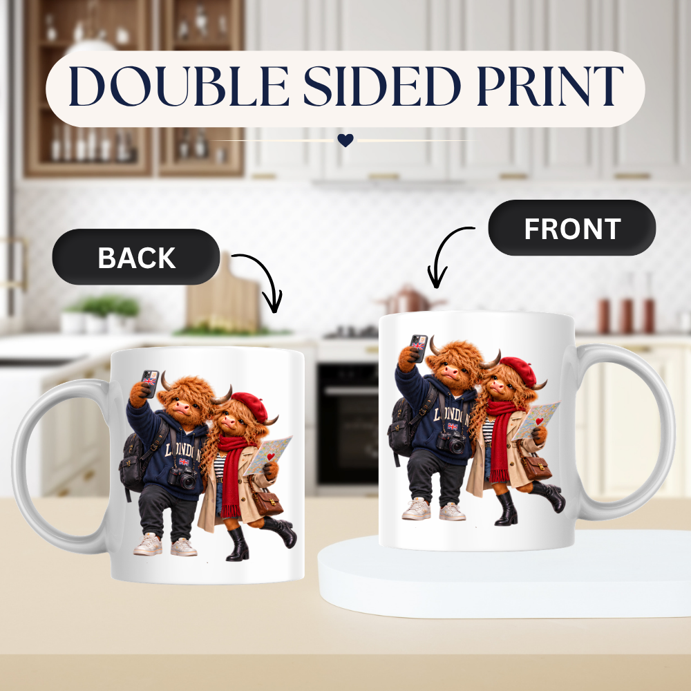 Fashion Mug "London Tourist Highland Cow Couple" London Tourist Highland Cow Couple 325ml Ceramic Coffee Mug – Trendy Sightseeing Tea Cup With Smartphone Selfie Map Hoodie Graphic Gift | Available in Multicolours | Fast Dispatch by UK Seller (M3190)