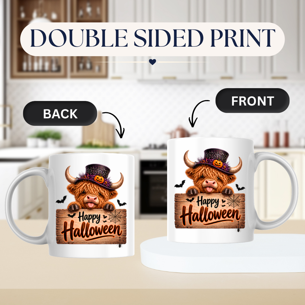 Halloween Mug "Top Hat Wooden Sign Happy Halloween" Top Hat Highland Cow 325ml Ceramic Coffee Mug – Cute Halloween Wooden Sign Tea Cup with Spider Web Graphic Gift | Available in Multicolours | Fast Dispatch by UK Seller (M3166)