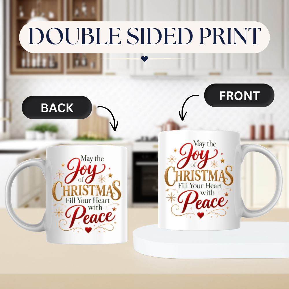 Christmas Mug "May The Joy Of Christmas Fill Your Heart With Peace" 325ml Ceramic Coffee Mug Festive Typography Mug With Gold Stars Snowflakes Holiday Gift | Available in Multicolours | Fast Dispatch by UK Seller (M3313)