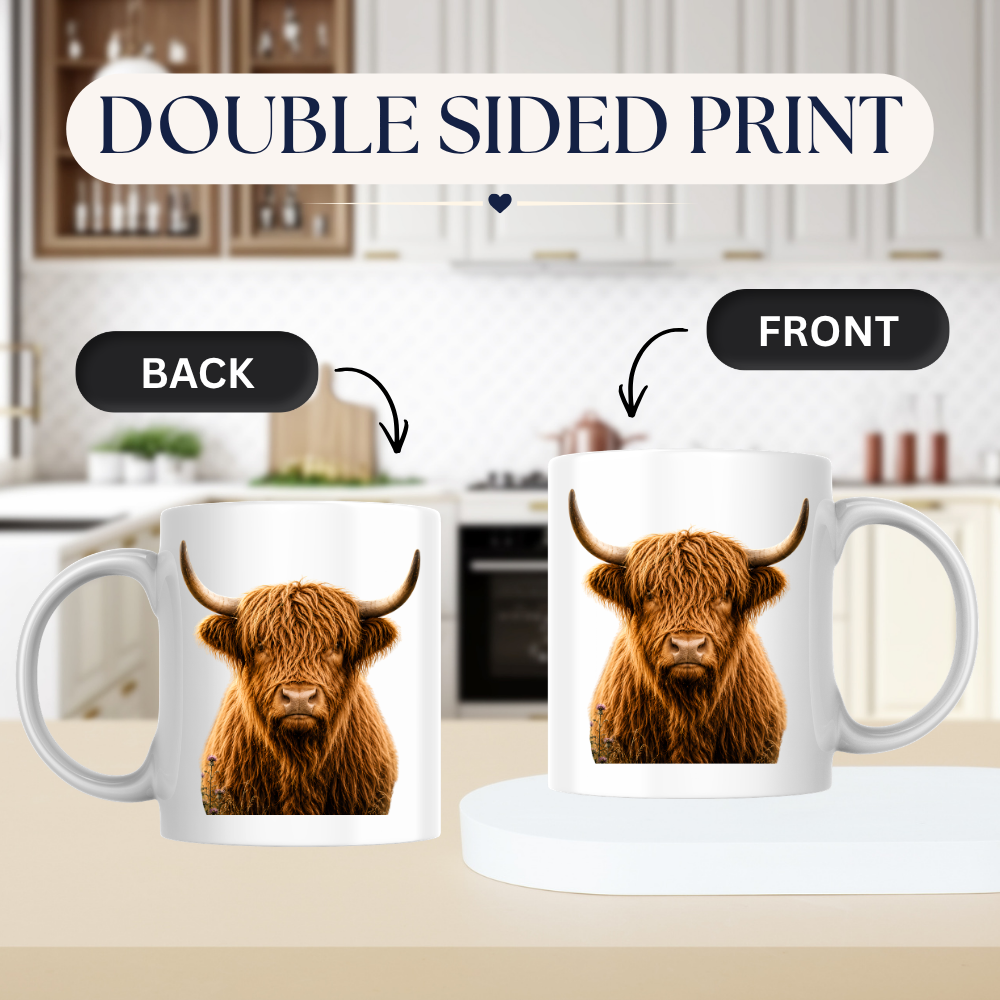 Rustic Mug "Classic Highland Cow" Majestic Highland Cow 325ml Ceramic Coffee Mug Country Wildlife Tea Cup with Horns and Thistle Graphic Gift | Available in Multicolours | Fast Dispatch by UK Seller (M3154)