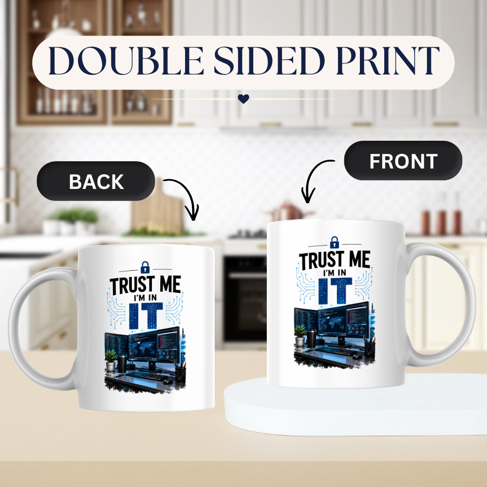 Tech Mug "Trust Me I'm In IT" Trust Me I'm In IT 325ml Ceramic Coffee Mug – Funny IT Specialist Workstation Mug with Multi-Monitor Setup, Lock & Circuit Graphics | Tech Gift | Fast Dispatch by UK Seller (M3333)