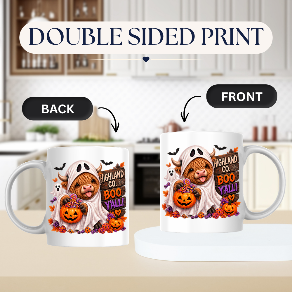 Halloween Mug "Ghost Costume Boo Y'all Highland Co." Ghost Costume Highland Cow 325ml Ceramic Coffee Mug – Cute Trick-or-Treat Tea Cup with Sheet Outfit Wooden Sign Graphic Gift | Available in Multicolours | Fast Dispatch by UK Seller (M3178)