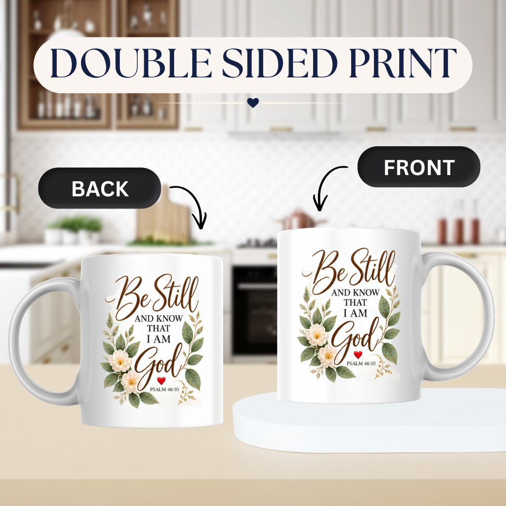 Inspirational Christian Mug "Be Still And Know That I Am God Psalm 46:10" 325ml Ceramic Coffee Mug –Christian Bible Verse Mug With Floral Wreath Leaves Inspirational Gift | Available in Multicolours | Fast Dispatch by UK Seller (M3299)
