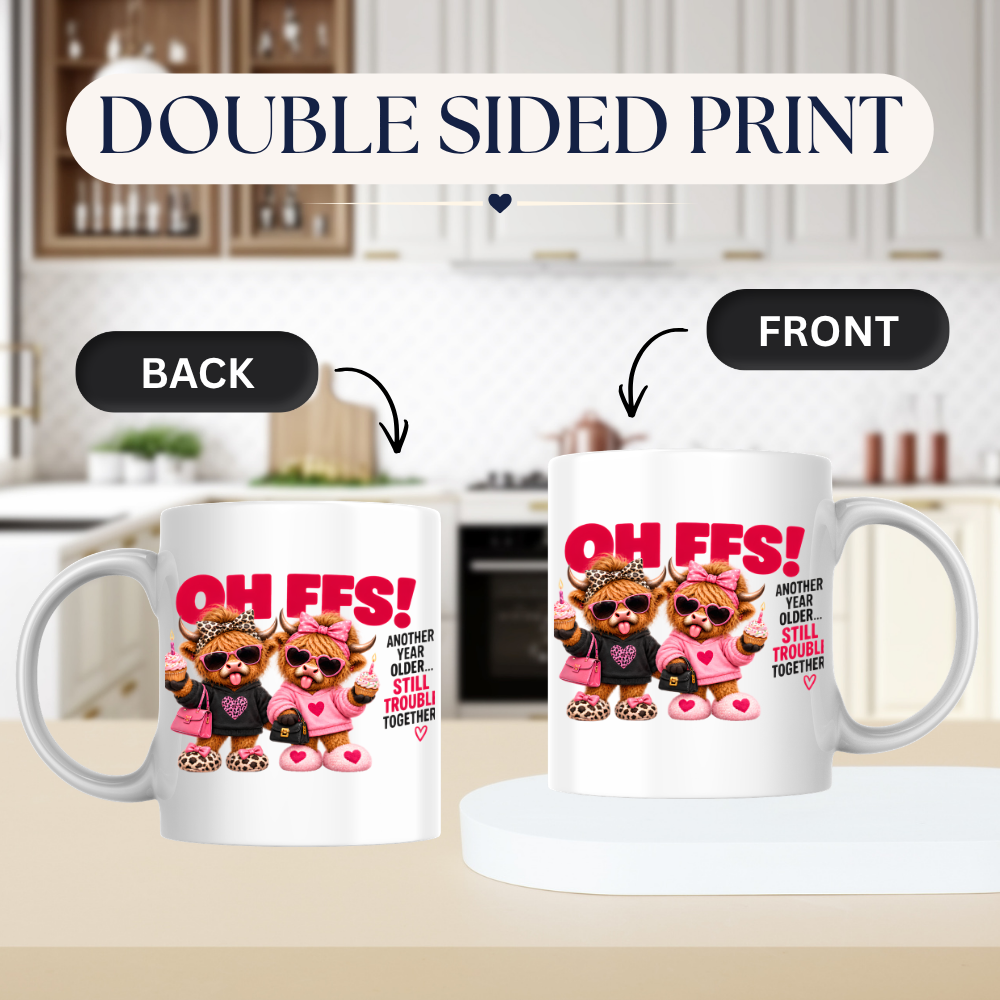 Birthday Highland Cows Mug "Oh Ffs! Another Year Older... Still Trouble Together" Oh Ffs! Another Year Older 325ml Ceramic Coffee Mug–Cute Highland Cows with Cupcakes, Handbags & Sunglasses | Funny Bestie Birthday Gift | Fast Dispatch by UK Seller (M3369)