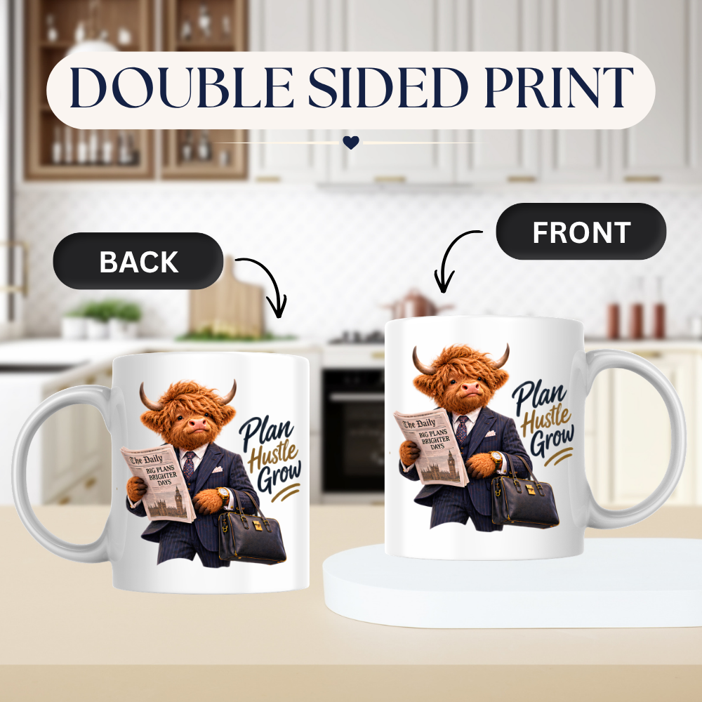 Gentleman Mug "Plan Hustle Grow Businessman Highland Cow" 325ml Ceramic Coffee Mug – Dapper Highland Cow Businessman Reading Newspaper With Leather Briefcase Office Career Gift | Available in Multicolours | Fast Dispatch by UK Seller (M3285)