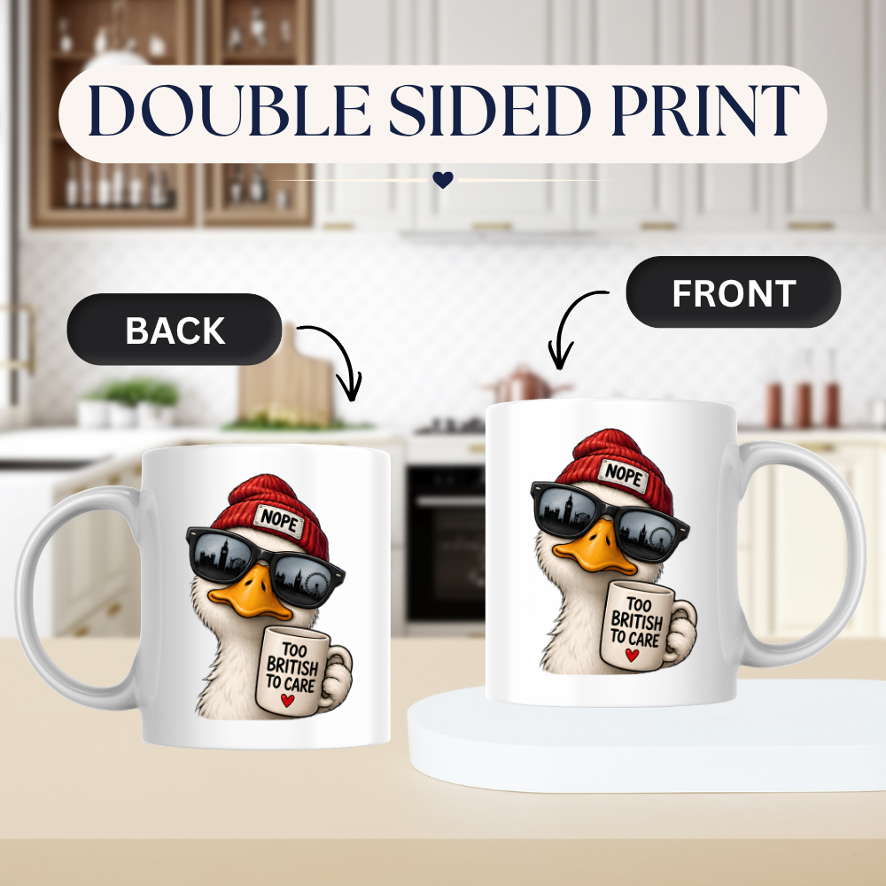 British Humour Mug "TOO BRITISH TO CARE" Funny Duck 325ml Ceramic Coffee Mug Cheeky London Duck Tea Cup with Union Jack-Inspired British Artwork Gift | Available in Multicolours | Fast Dispatch by UK Seller (M3002)