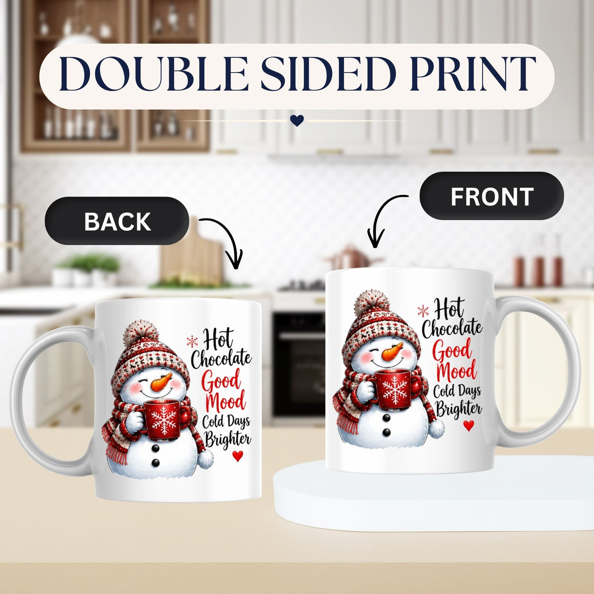 Cozy Mug "Hot Chocolate Good Mood Cold Days Brighter" Snowman 325ml Ceramic Coffee Mug – Cute Winter Holiday Tea Cup with Beanie & Hot Cocoa Gift | Available in Multicolours | Fast Dispatch by UK Seller (M1247)