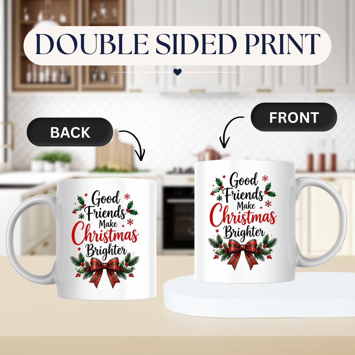 Warm & Festive Mug "Good Friends Make Christmas Brighter" 325ml Ceramic Coffee Mug Winter Holiday Tea Cup with Tartan Plaid Bow & Holly Berries | Available in Multicolours | Fast Dispatch by UK Seller (M1268)