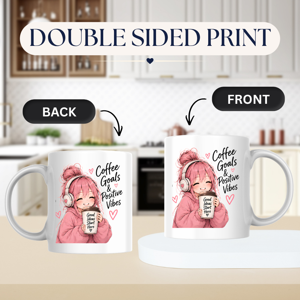Inspirational Anime Mug "Coffee Goals & Positive Vibes" Cute Pink Hair Girl 325ml Ceramic Coffee Mug Aesthetic Work & Study Tea Cup with Headphones & Coffee Cup Graphic Gift | Available in Multicolours | Fast Dispatch by UK Seller (M3026)