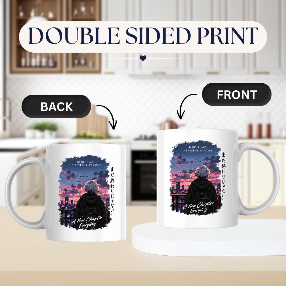 Inspirational Anime Boy Mug "SAME PLACE Different Mindset" City Sunset 325ml Ceramic Coffee Mug – Aesthetic Mindful Tea Cup with Japanese Kanji Graphic Gift | Available in Multicolours | Fast Dispatch by UK Seller (M3046)