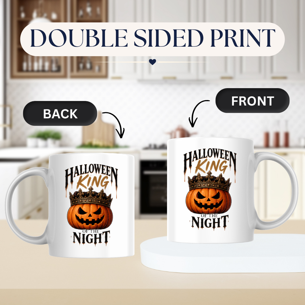 Halloween Mug "KING OF The Night Halloween" Crown Pumpkin 325ml Ceramic Coffee Mug – Royal Jack-o'-Lantern Tea Cup with Ornate Crown & Gothic Text Graphic Gift | Available in Multicolours | Fast Dispatch by UK Seller (M3078)