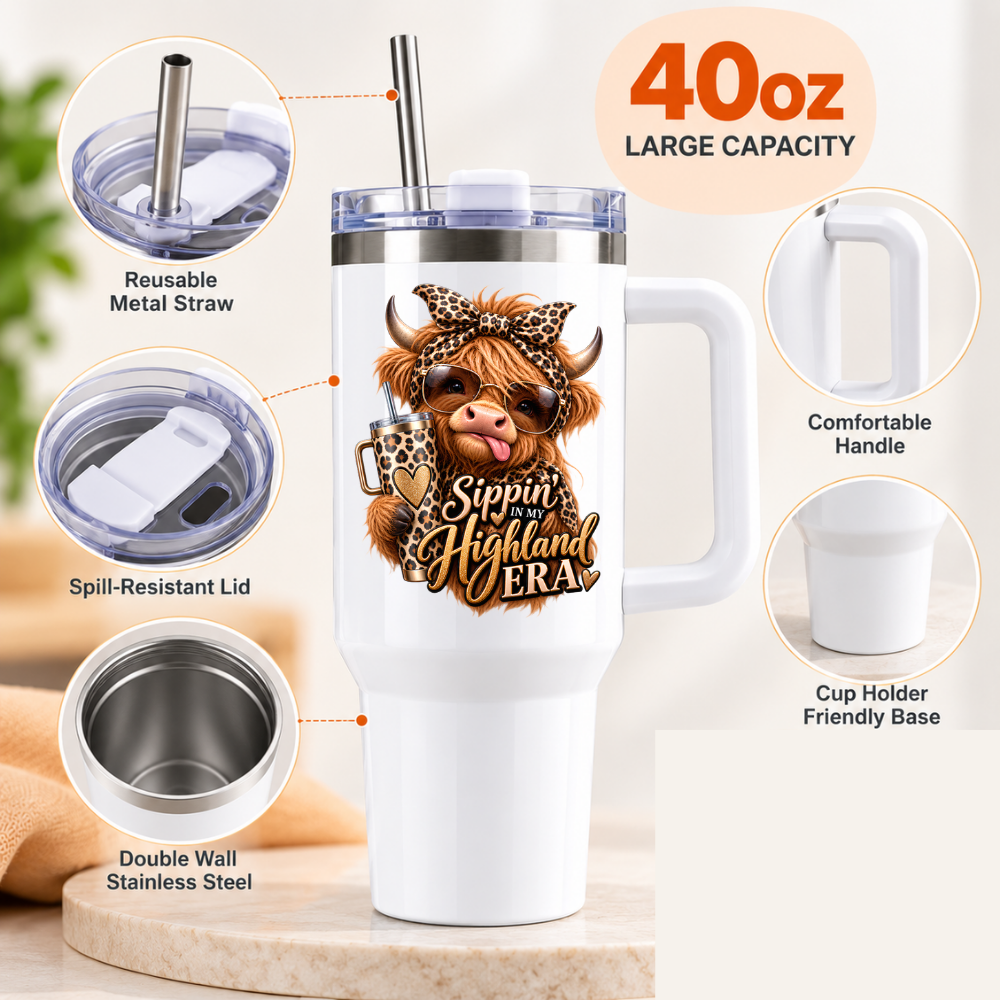 Sassy Highland Cow Travel Tumbler "Sippin' In My Highland Era" Graphic 40oz Stainless Steel Insulated Travel Mug with Handle & Straw – Cheeky Cow with Leopard Bow, Sunglasses & Mini Tumbler Novelty Travel Cup | Fast Dispatch by UK Seller (T3032)