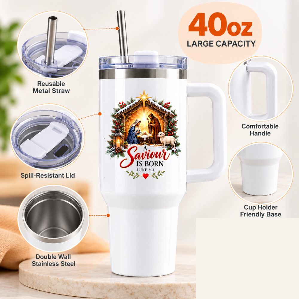 Inspirational Religious Christmas Travel Tumbler "A Saviour Is Born" Graphic 40oz Stainless Steel Insulated Travel Mug with Handle & Straw – Nativity Scene with Baby Jesus, Mary, Joseph & Sheep Novelty Travel Cup | Fast Dispatch by UK Seller (T3013)