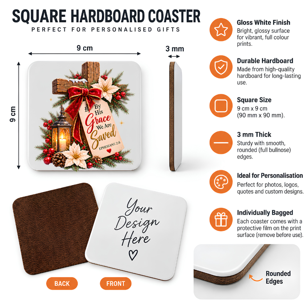Inspirational Religious Hardboard Coaster "By His Grace We Are Saved" Graphic 9cm x 9cm Square Drinks Coaster –Wooden Cross with Red Bow, Hanging Scripture Tag, Lantern & Poinsettias Novelty Mat | Christian Glossy Gift | Fast Dispatch by UK Seller (C3043)